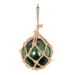 Vintage Green Glass Fishing Float in Jute Rope Netting For Sale
