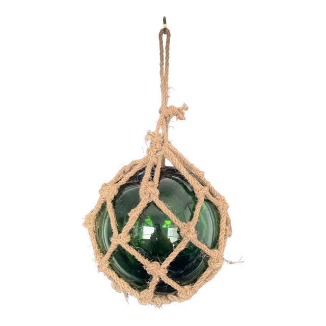 Vintage Green Glass Fishing Float in Jute Rope Netting For Sale