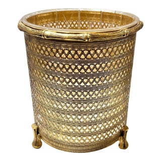 Vintage Hollywood Regency Gold Filigree Wastebasket – Bamboo Style Footed Trash Bin For Sale