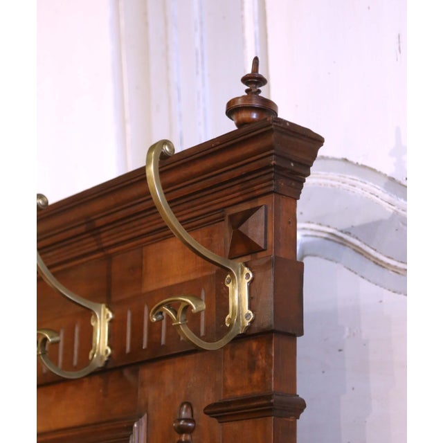 19th Century French Carved Walnut Halltree With Mirror and Brass Hooks For Sale - Image 10 of 12