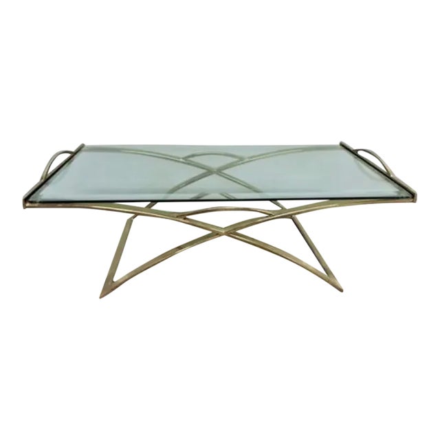 Modern Mid century Curved X-Base Console Table with Handles Very heavy glass Removable glass Oxidation thru out Can have...