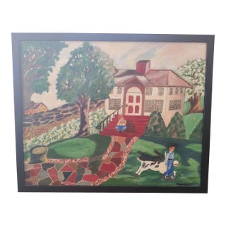 1954 Outsider Art Oil Painting of Nostalgic Outdoor Scene, Framed For Sale