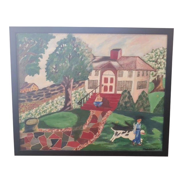 1954 Outsider Art Oil Painting of Nostalgic Outdoor Scene, Framed For Sale