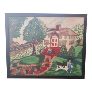 1954 Outsider Art Oil Painting of Nostalgic Outdoor Scene, Framed