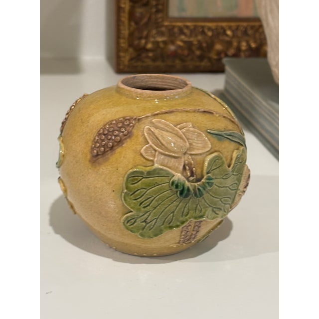Antique Chinese Mustard Glazed Pottery Lotus & Crane Relief Vase / Ginger Jar For Sale - Image 10 of 16