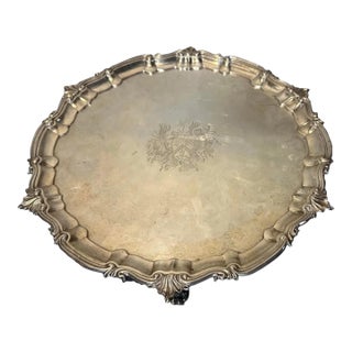 Antique English Silver Paw Footed 13” Armorial Salver Serving Tray 2lb 6oz For Sale