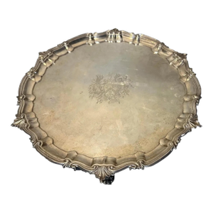 Antique English Silver Paw Footed 13” Armorial Salver Serving Tray 2lb 6oz