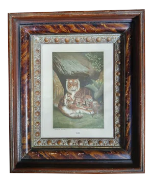 Late 19th Century Antique Louis Prang Tigress + Cubs Victorian Framed Aquatint Print