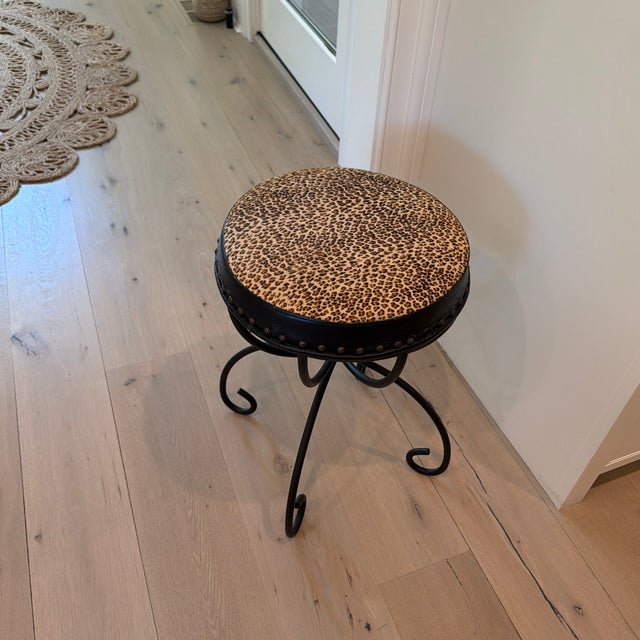 Brown Vintage Wrought Iron Vanity Stool With Leopard Upholstery For Sale - Image 8 of 10