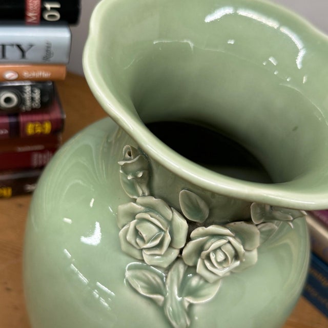 Green Green Vase with Botanical Theme Handles & Scalloped Top For Sale - Image 8 of 10