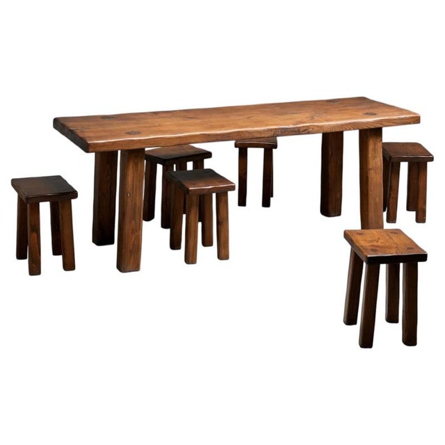 Wood Brutalist Dining Room Set in Pine, 1970s, Set of 7 For Sale - Image 7 of 7