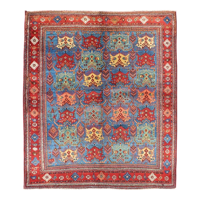 Antique Persian Afshar Rug in Blue Background, Terracotta Red Border & Lt. Green Square Shape 4'2"x5'1" For Sale