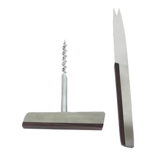 Vintage Danish Modern Rosewood Brushed Stainless Collector Corkscrew and Cheese Knife Set- 2 Pieces For Sale