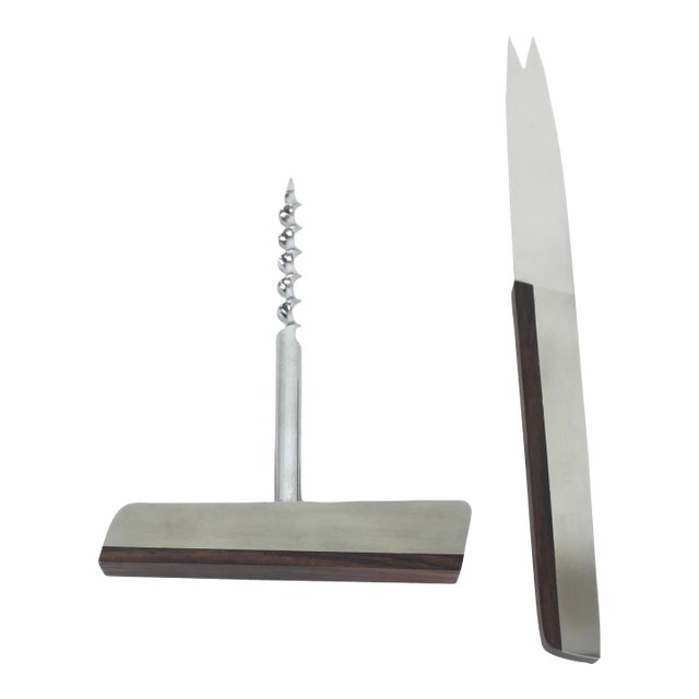 Vintage Danish Modern Rosewood Brushed Stainless Collector Corkscrew and Cheese Knife Set- 2 Pieces For Sale