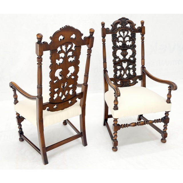 Wood Carved Walnut Tall Backs New Upholstery Fireside Arm Side Chairs - A Pair For Sale - Image 7 of 12