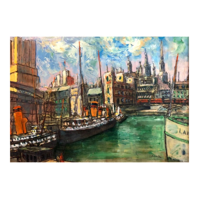 Laszlo Schalk, Hungarian Modernist Oil Painting Marine Harbor City Scene with Boats For Sale