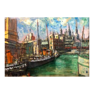 Laszlo Schalk, Hungarian Modernist Oil Painting Marine Harbor City Scene with Boats