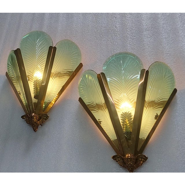 Art Deco Pair of Vintage Art Deco Nouveau Brass Green Cut Glass Fixture Slip Shade Wall Sconces For Sale - Image 3 of 4