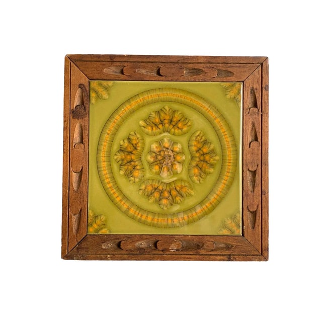 Mid Century Tile Trivet Footed Wood & Ceramic Tile Retro Boho Avocado Green Plant Stand For Sale - Image 9 of 9