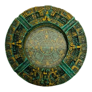 Vintage 1970’s Green Crushed Malachite Ashtray Handmade Aztec Mayan Calendar