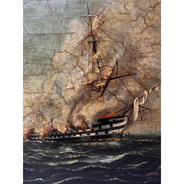 Large Victorian British Naval Marine Oil Painting HMS Bombay on Fire off Montevideo 1864 After Beechey Historic 19th...