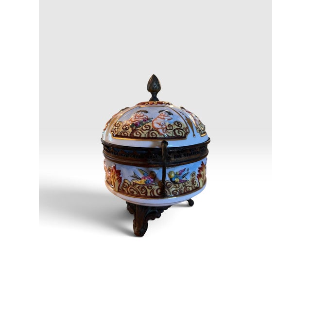 Bronze 1960s French Hand-Painted Porcelain Cherub Bonbonnière With Ormolu Mounts For Sale - Image 8 of 10