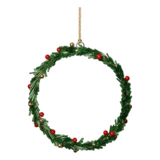 Festive Beaded Ornaments with Red Berries, Set of 12, Green Round, 6" For Sale