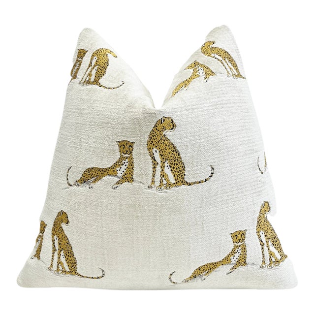 Cream Embroidered Cheetah Throw Pillow With Feather Down Insert For Sale