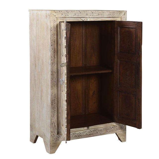Farmhouse 1970s Farmhouse Style Distressed White 2 Door Carved Cabinet For Sale - Image 3 of 8