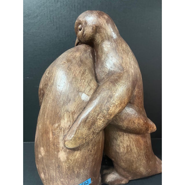 Vintage Large Hand Carved Wooden Penguin Couple Sculptural Statue For Sale - Image 10 of 10