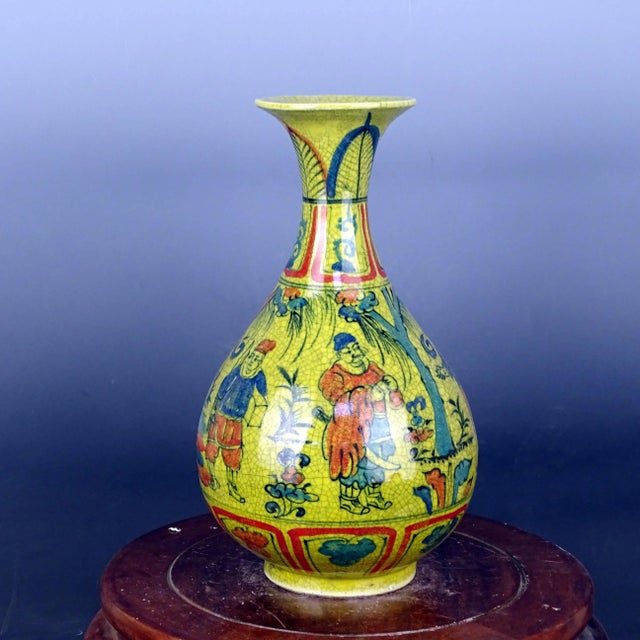 Art Deco Chinese Vintage Ceramic Vase,Ming Dynasty Jiajing Marked Blue and White Doucai Porcelain Yuhuchun Vase Hand Painted Figures Pattern For Sale - Image 3 of 8