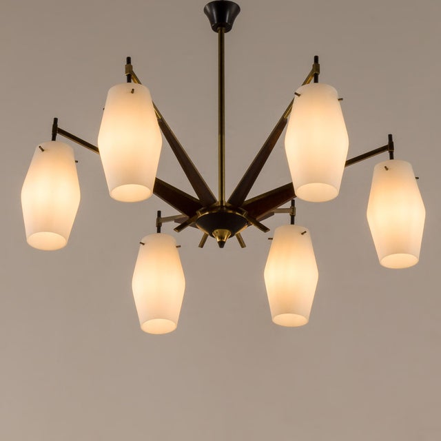 White Mid-Century Italian Brass and Teak Chandelier in the style of Stilnovo, 1960s For Sale - Image 8 of 10