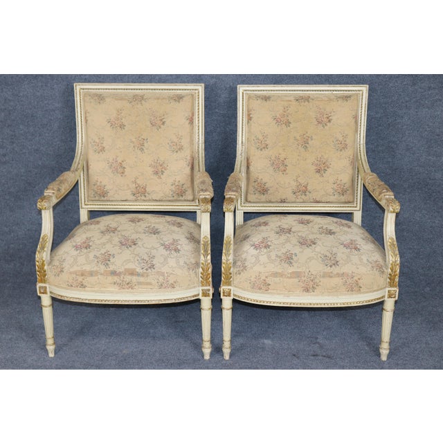 Pair French Louis XVI Style Parcel Gilt Armchairs For Sale - Image 4 of 11