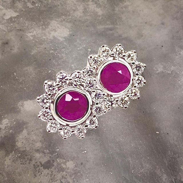 Diamond Ruby Stud Earrings 14 Karat White Gold 1.87 TCW Certified For Sale - Image 11 of 18