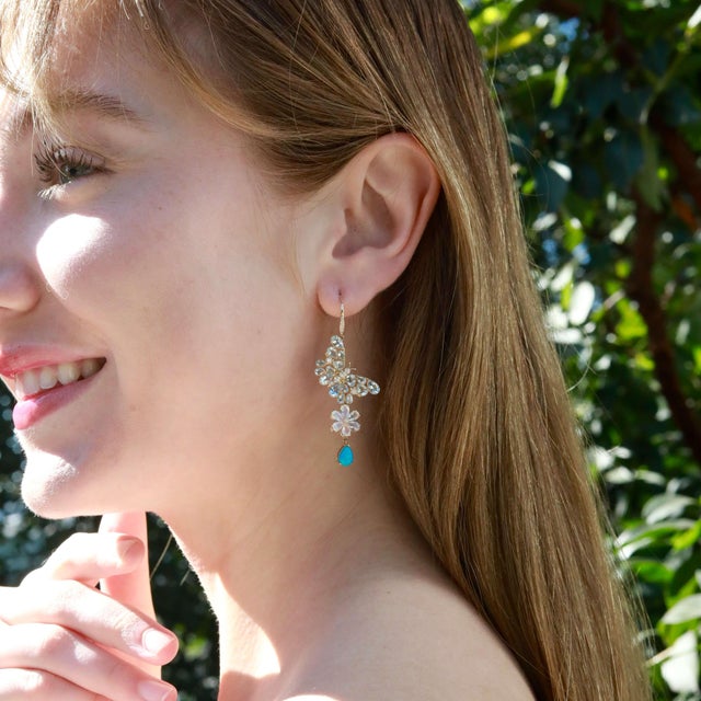 Nina Zhou Butterfly Blossoms 8.68ctw Aquamarine, Moonstone, Turquoise & Diamond Convertible Drop Earrings For Sale In Los Angeles - Image 6 of 10
