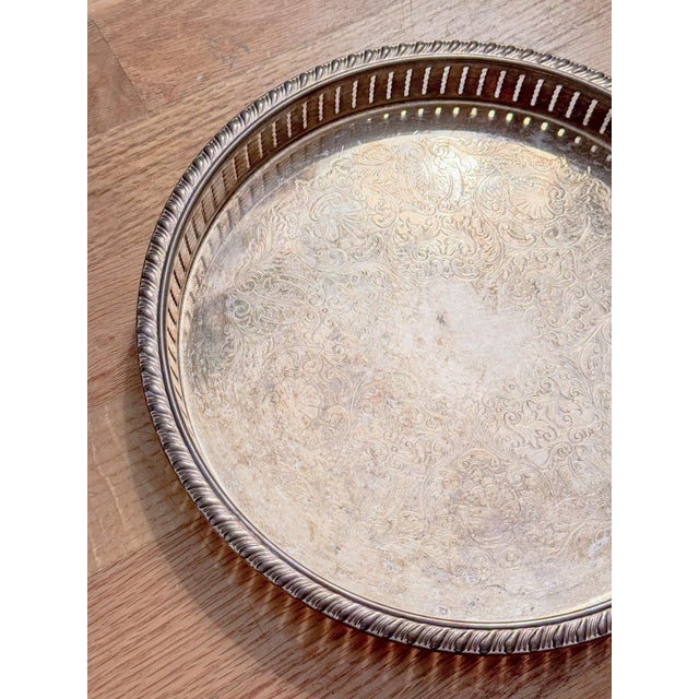 Metal Vintage Eales of Sheffield Etched Silver Plate Pierced Gallery Serving Tray, 10" Dia For Sale - Image 7 of 8