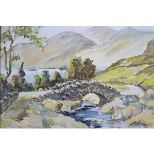 Yellow 1950’s-60’s Vintage Original Landscape Painting of Ashness Bridge in Keswick England Stone Bridge For Sale - Image 8 of 9