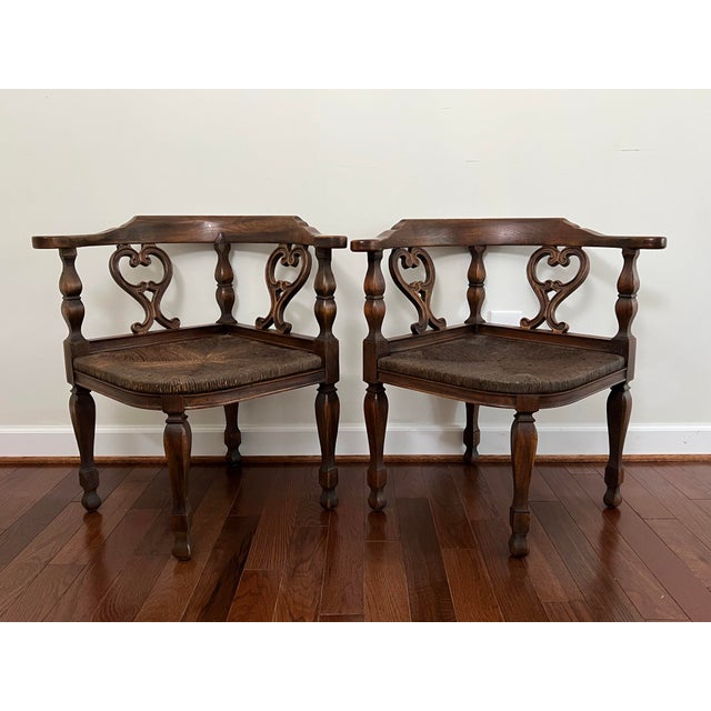 Brown Mid 20th Century Pair of Rustic Colonial Style Carved Oak Corner Chairs For Sale - Image 8 of 11