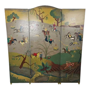 Mid 20th Century Bernard Steffen "Persian Panorama" Tri-Fold Wood Screen