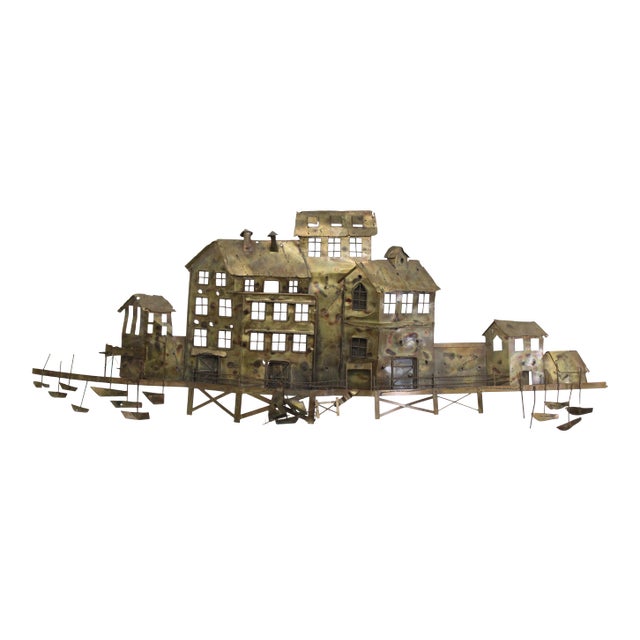 Jere Style Mid-Century Waterfront Scene Metal Wall Hanging For Sale