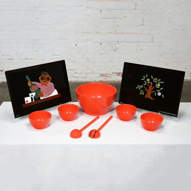 Mid-20th Century Mid-Century Modern Pair Couroc Trays & Orange Vintage Plastic Salad Serving Set For Sale - Image 12 of 12