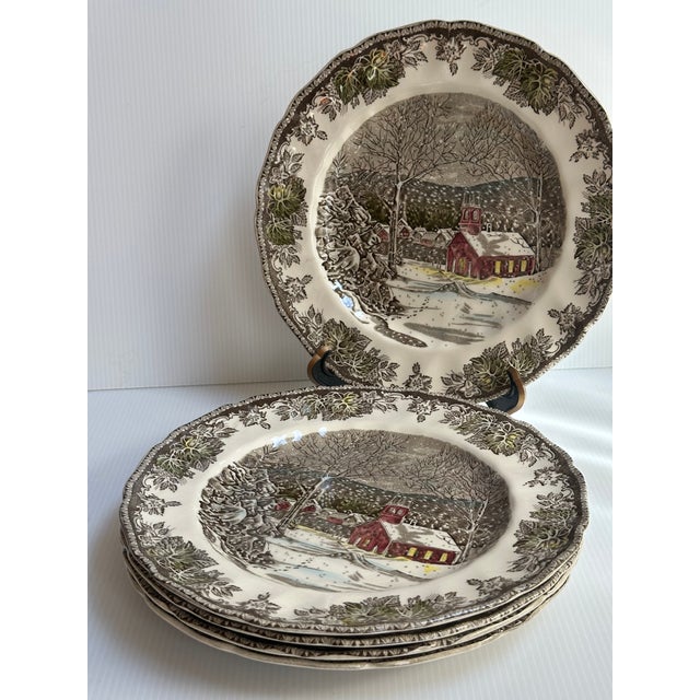 Vintage 1950s Johnson Bros England "The Ice House" 9.75" Diameter Dinner Plates - Set of 5 For Sale - Image 9 of 13