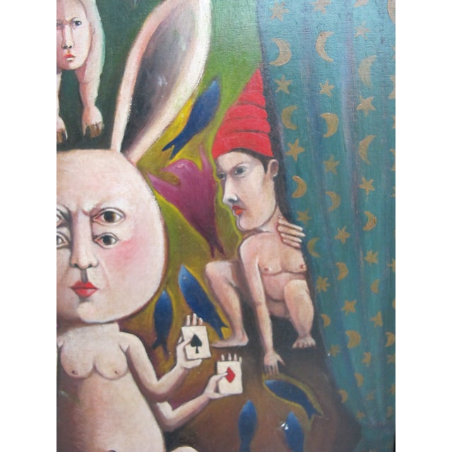 1970s Sergio Bustamante Surreal Illusionist Rabbit Painting 'Reason Behind the Designs' For Sale - Image 5 of 13