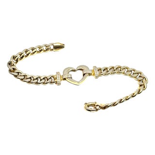 Solid 14k Yellow Gold Heart Link Bracelet With Diamond Accents For Sale