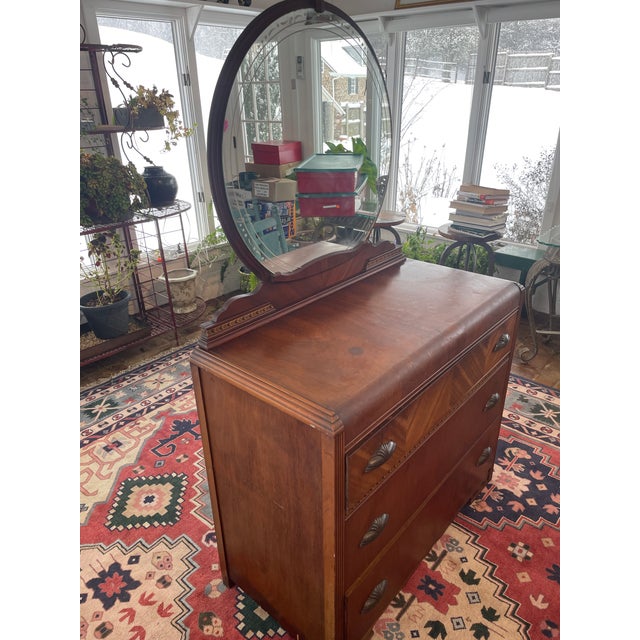 Art Deco Art Deco Waterfall Vanity - 3 Drawer Dresser - Walnut Inlays - Original Etched Mirror, c.1935 For Sale - Image 3 of 9