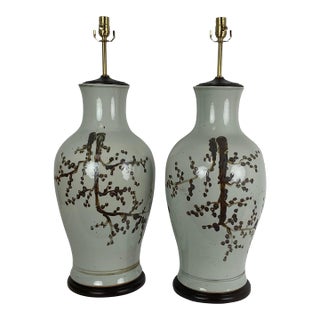 1960s Very Large Off White & Brown Cherry Blossom Asian Vase Lamps - a Pair For Sale