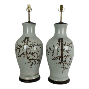 1960s Very Large Off White & Brown Cherry Blossom Asian Vase Lamps - a Pair