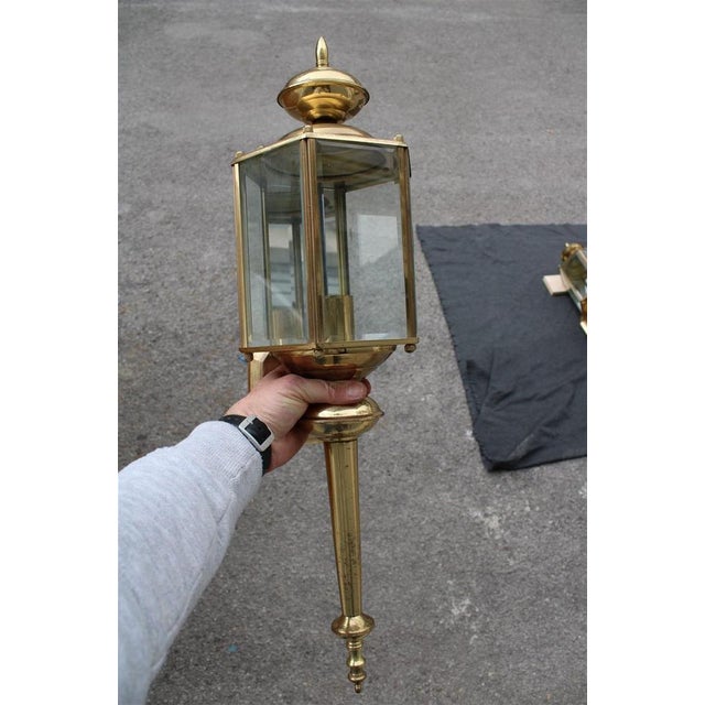 Metal Large Italian Brass Wall Lanterns and Molated Windows, 1970s, Set of 2 For Sale - Image 7 of 14