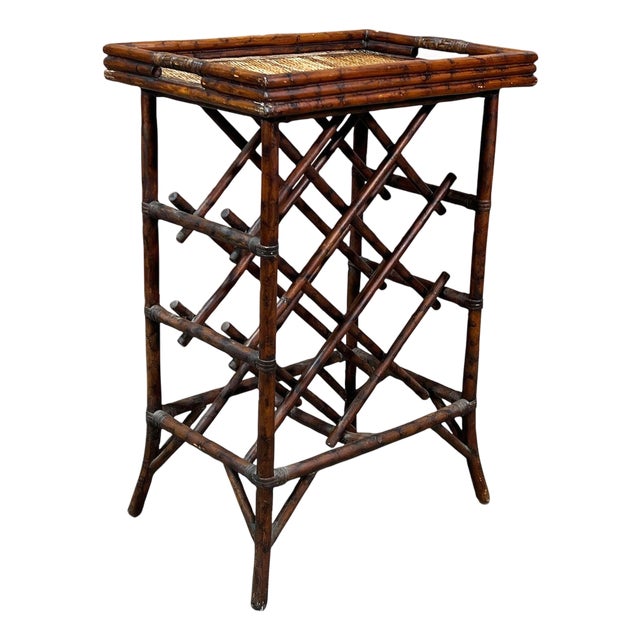 Bamboo Mid-Century Style Tall Rattan Tray Top Side Table For Sale