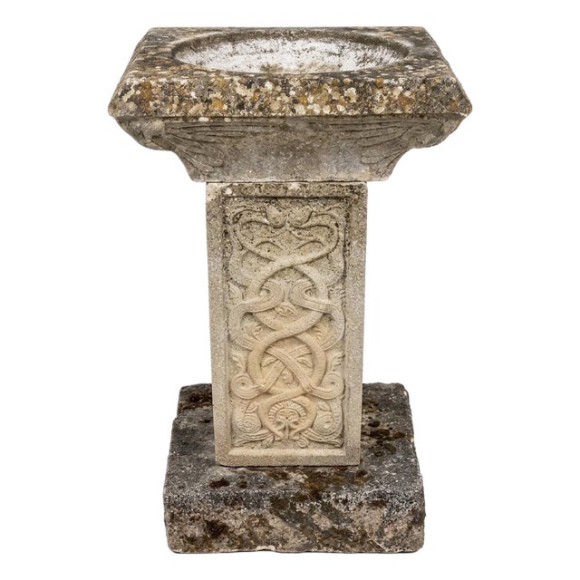 English Regency Style Weathered Cast Stone Birdbath With Celtic Knot Pedestal For Sale